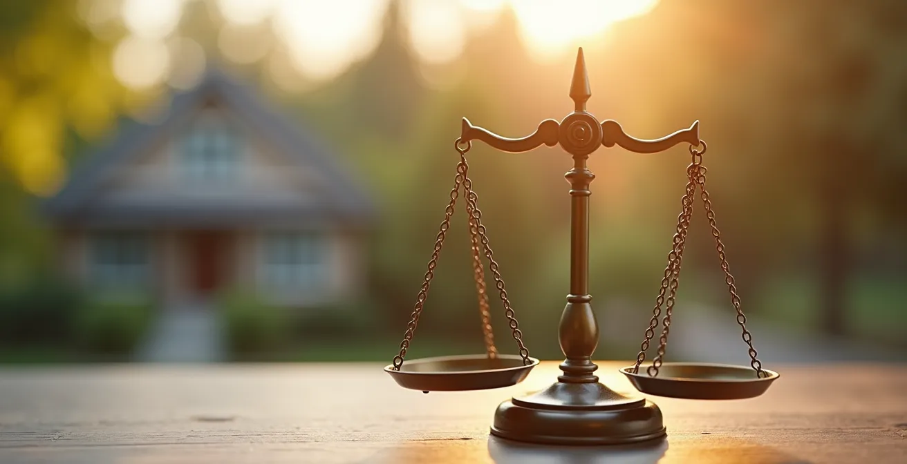 Illustration symbolique d’une balance de justice représentant un litige immobilier lié à un diagnostic