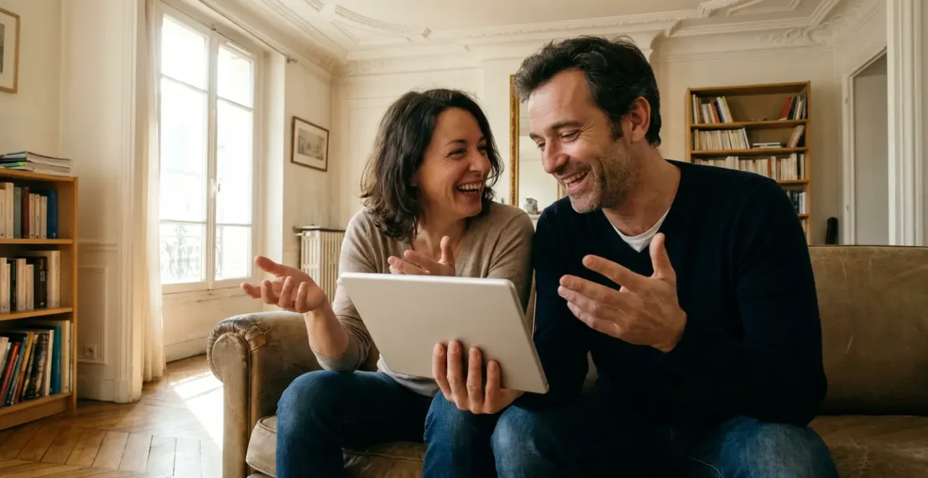 Couple français consultant une estimation immobilière sur tablette dans leur salon