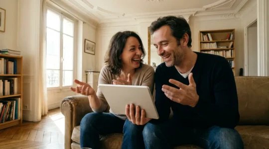 Couple français consultant une estimation immobilière sur tablette dans leur salon