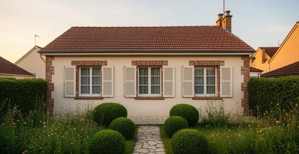 Façade de maison française typique en banlieue illustrant l'estimation immobilière