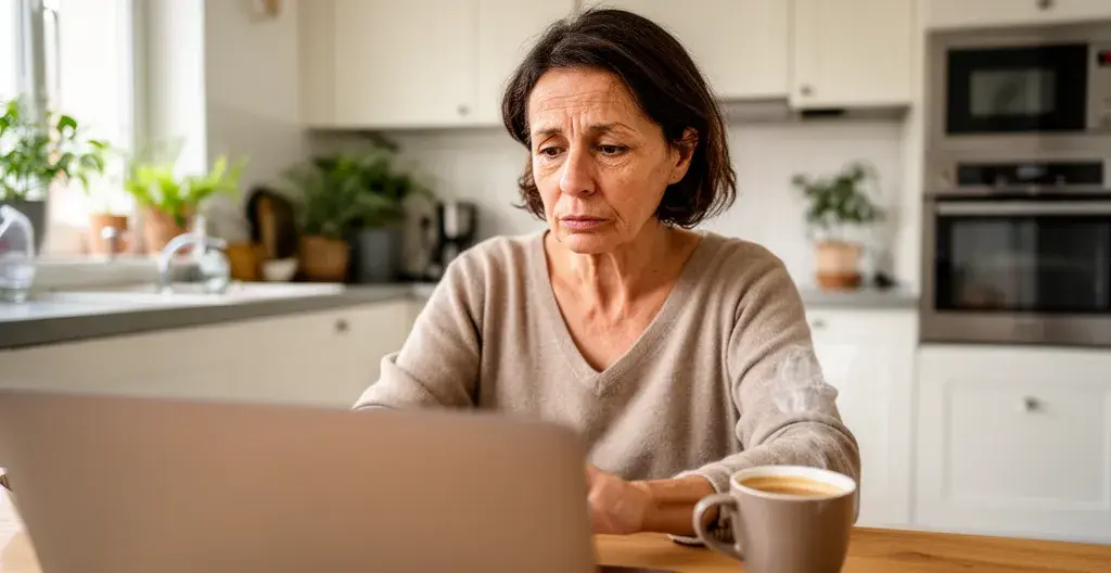 Propriétaire consultant une estimation immobilière sur ordinateur dans sa cuisine