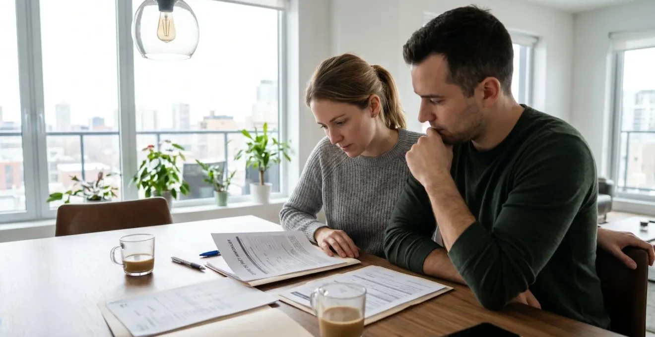 Un couple trentenaire vu de dos consulte des documents de financement immobilier posés sur une table contemporaine près d'une baie vitrée lumineuse