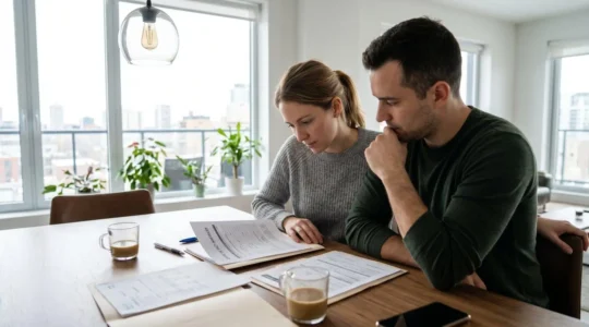 Un couple trentenaire vu de dos consulte des documents de financement immobilier posés sur une table contemporaine près d'une baie vitrée lumineuse